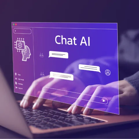 Two hands type on a laptop. A purple overlay reads "Chat AI"
