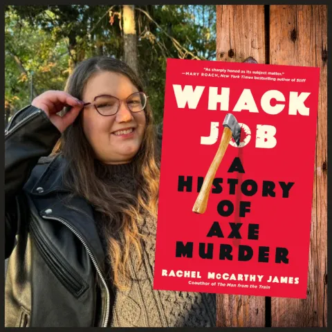 Author Rachel McCarthy James standing outside. A cover of the book Whack Job in the foreground.