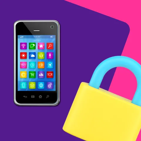 A smart phone sits on a pink and purple background. A yellow padlock takes up the bottom right corner.