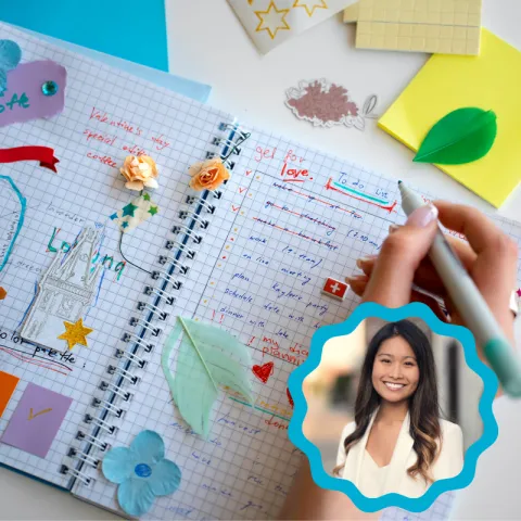 A headshot of a young professional Asian woman smiles over a background image of an open journal full of colorful notes and a to-do list