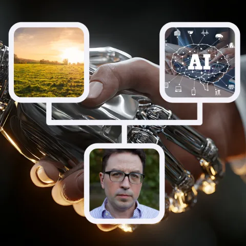 Three pictures are connected by lines. There is a sunrise over the farm, the headshot of a white man, and a graphic that reads AI over a person typing on a computer. Behind everything, there is a handshake between a human and a robot.