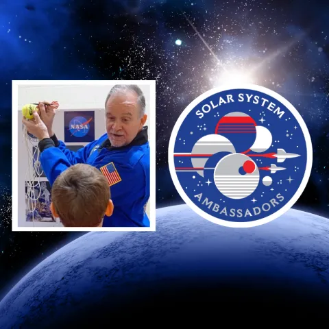 A man in a blue jumpsuit demonstrates science to a child next to the logo for the Solar System Ambassadors. Behind it all, there is a photo of a planet and the stars