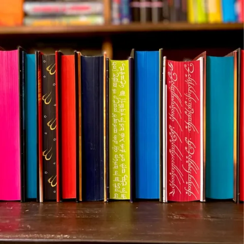 Books are displayed with the pages facing out. Each features colorful designs.