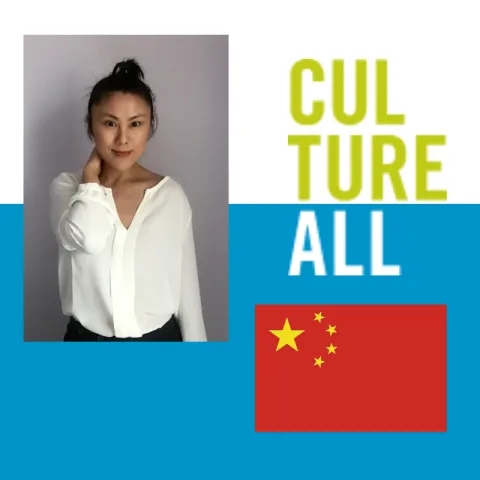 Image of woman presenter and the Chinese flag.