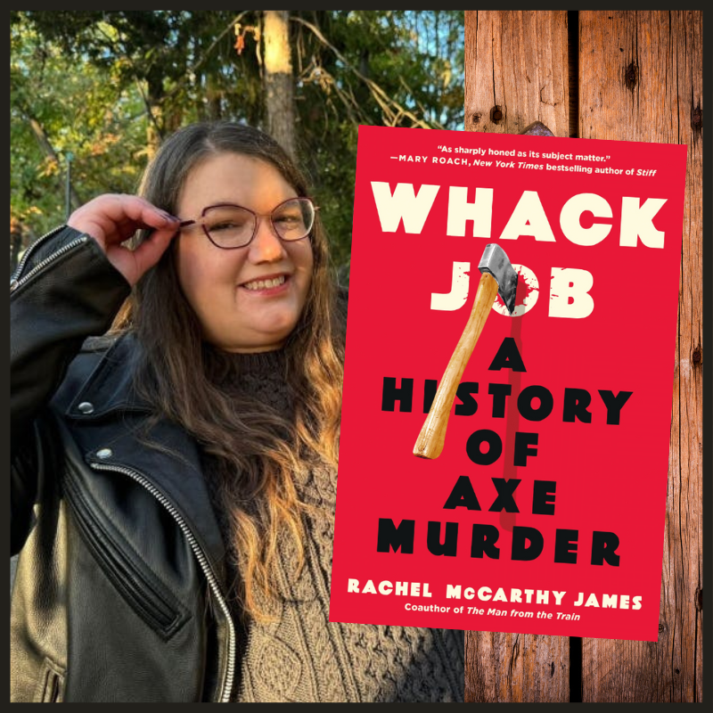 Author Rachel McCarthy James standing outside. A cover of the book Whack Job in the foreground.