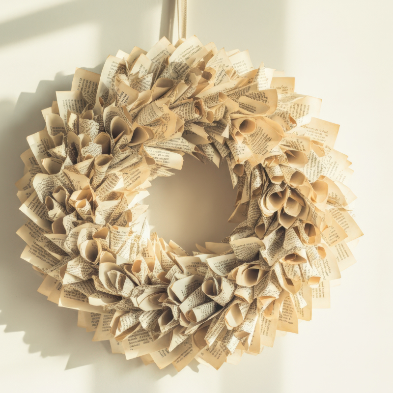 A wreath with leaves made out of rolled book pages
