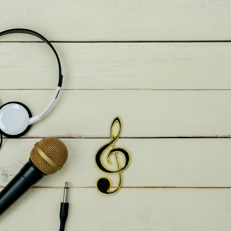 headphones, microphone, and treble clef