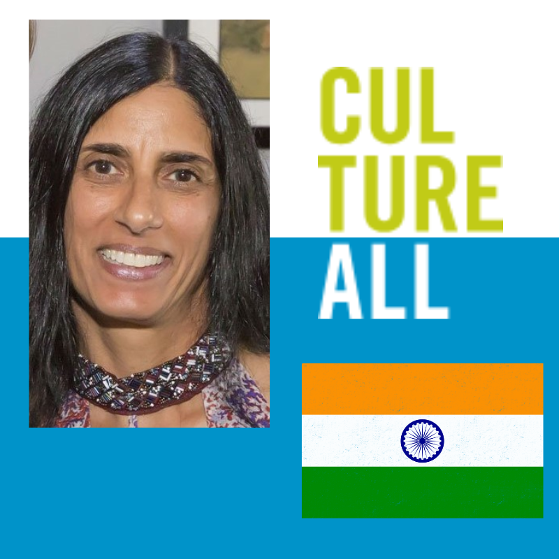 Image of woman presenter and the Indian flag.